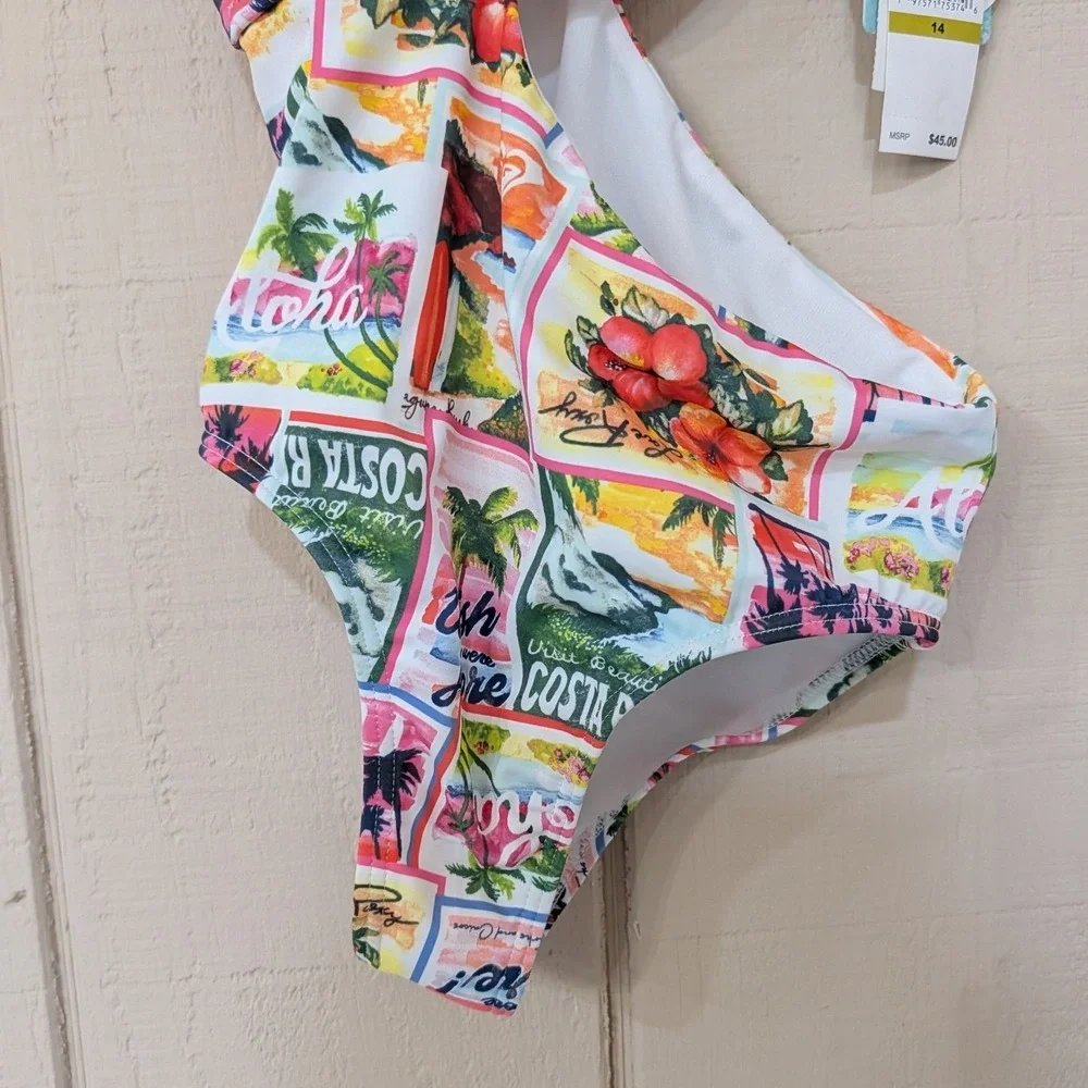 Roxy Girls Tropical‎ Postcard Cutout One Piece Swimsuit One Shoulder Size 14 NWT